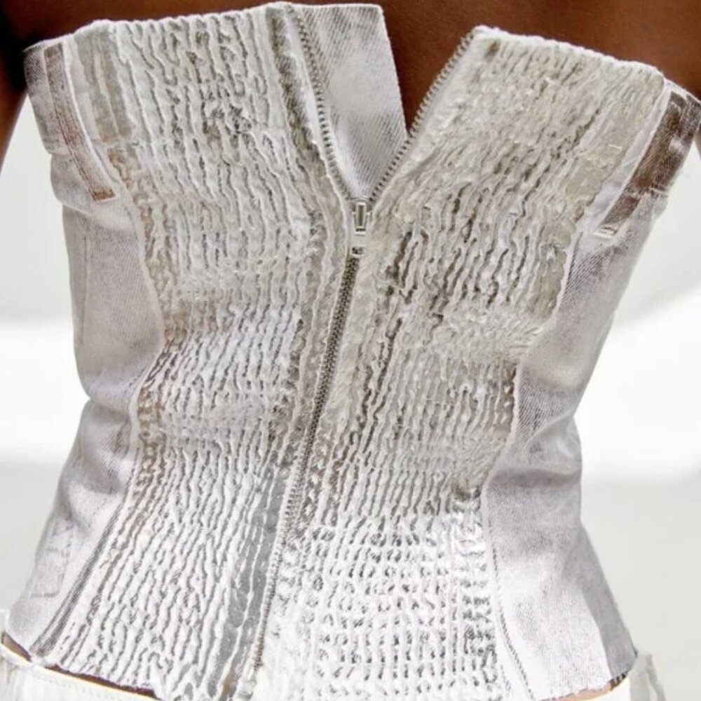 NWT ZARA METALLIC STRAPLESS TOP silver - Picture 3 of 6